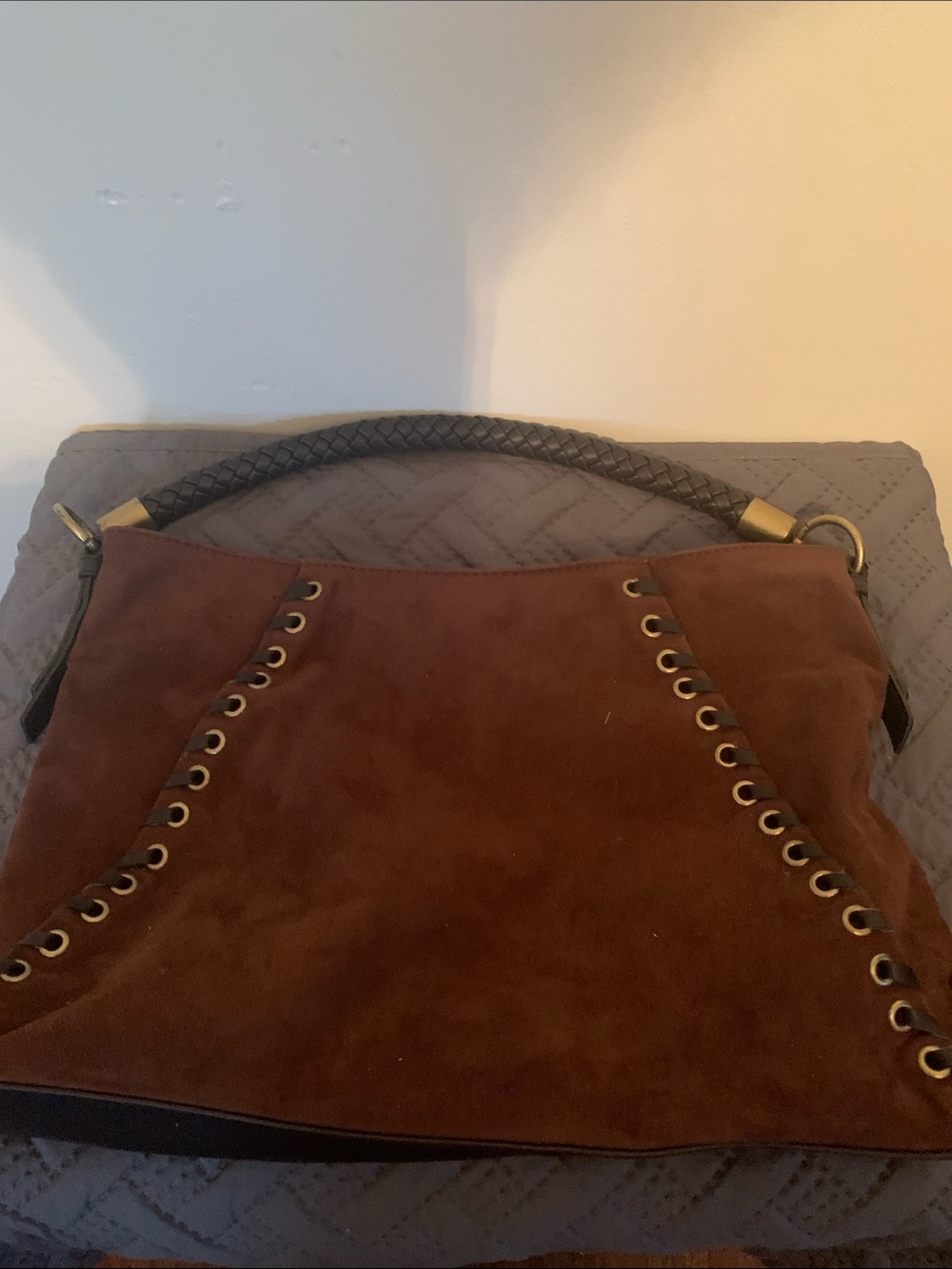 Nine West Brown Suede Shoulder Bag with Braided Handle